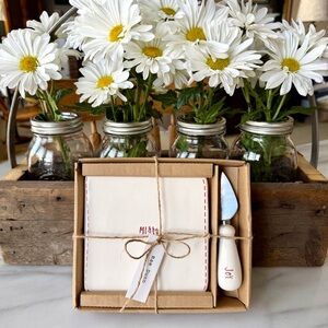 Rae Dunn•NIB•6”Square Cheese Plate~(Merry.) and Spreader~(Joy.)•Vintage White